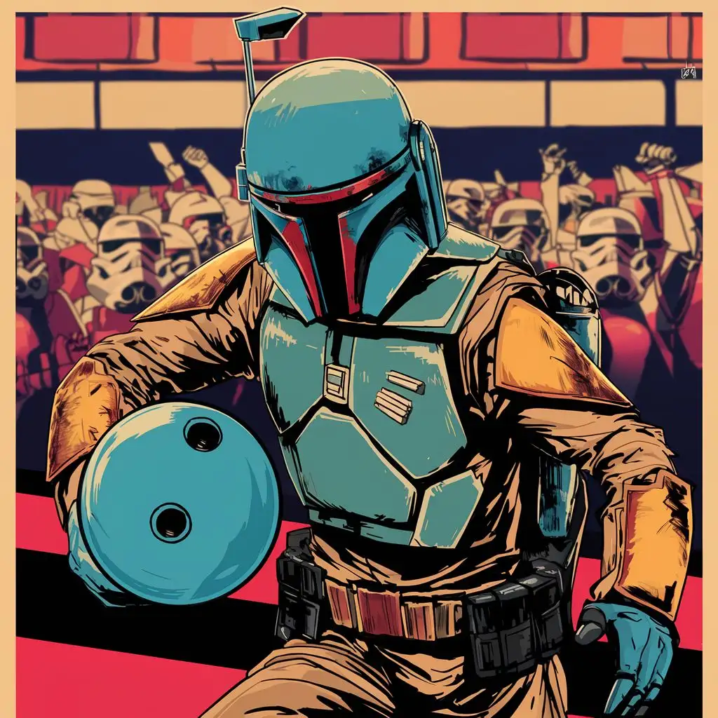 Bobba fett bowling with a bowling ball in a bowling alley, in a proper bowling pose,  storm troopers as fans in the background, bright colors, screen print style, shepherd fairey type poster