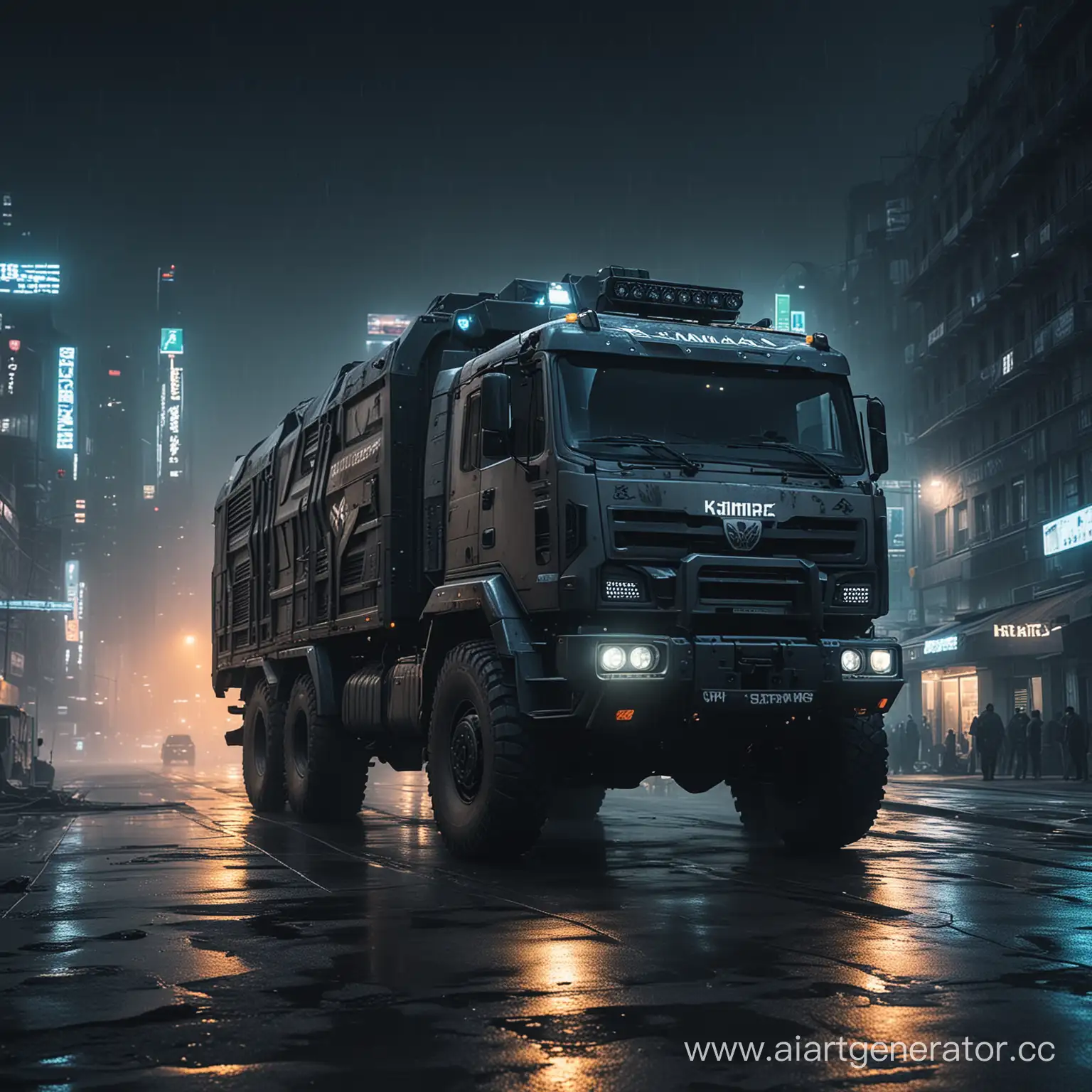 Futuristic-KAMAZ-Cyberpunk-Truck-Illuminated-in-Urban-Night-Cityscape