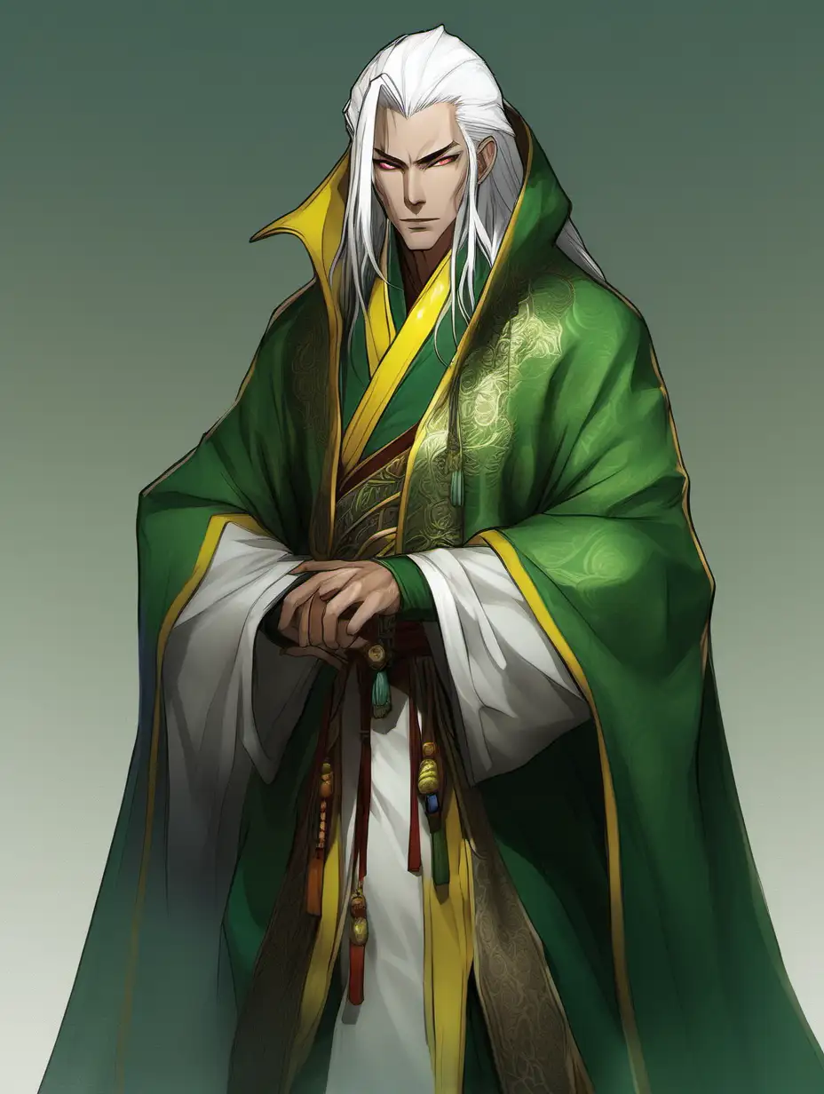 dnd slim male yuan-ti with yellow eyes and white hair wearing beautiful green cloak with embellishments