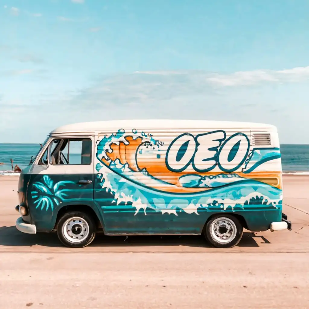 logo, a cool airbrushed logo on the side of a van parked at a beach with a tidal wave in the background with seagulls, with the text "OEO", typography, be used in Events industry