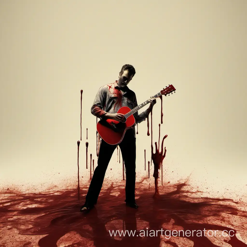 Мужчина стоит в крови с гитарой