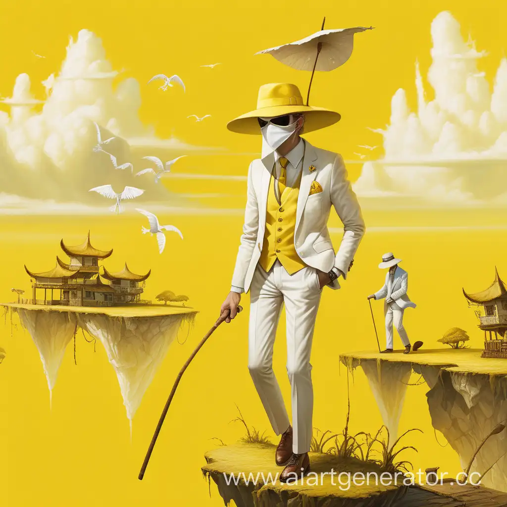 Yellow-Sky-Flying-Islands-with-Businessman-in-Broken-Mask-and-Cane