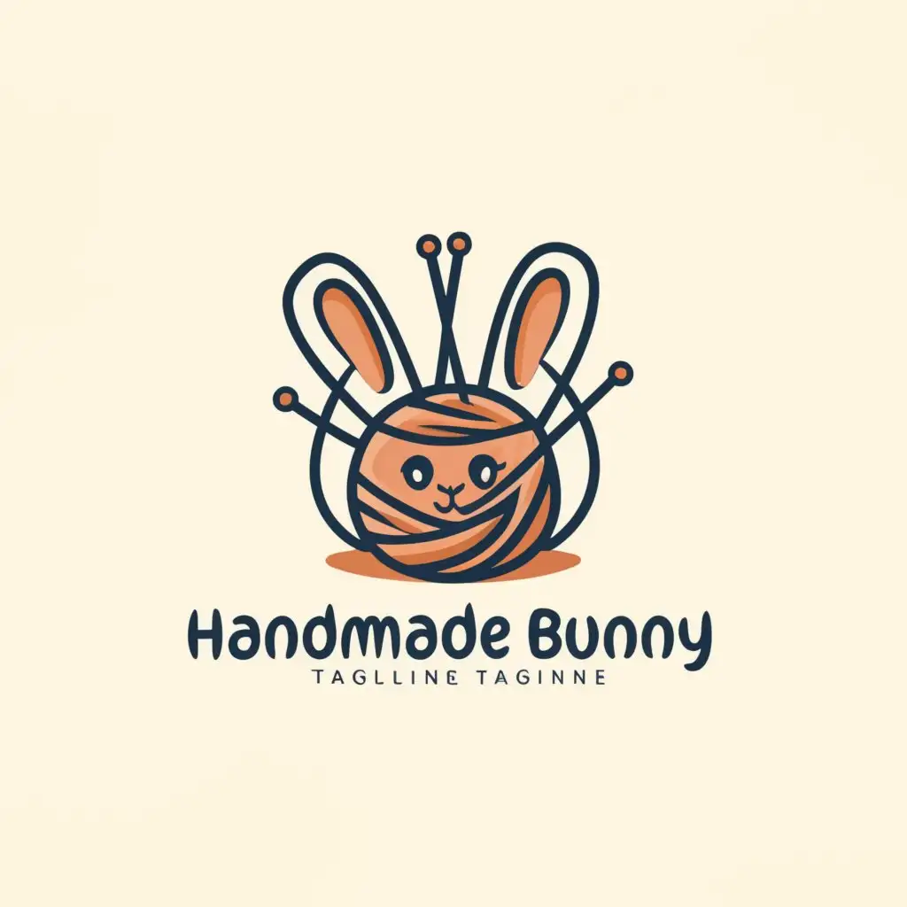 a logo design,with the text "Handmade bunny", main symbol:yarn and bunny combined, maybe some knitting needles,Moderate,clear background