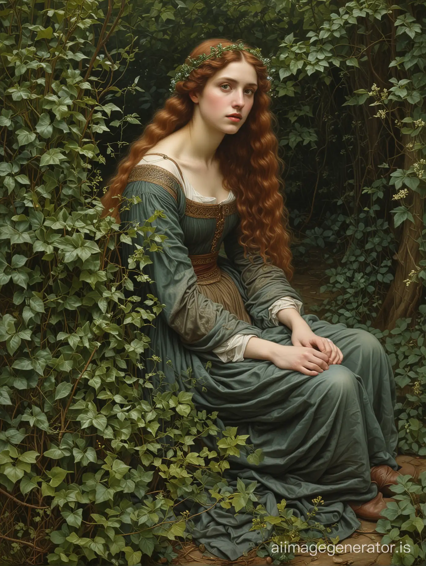 masterpiece, pre-raphaelity paintings, a young women sits in a thicket of ivy, full body