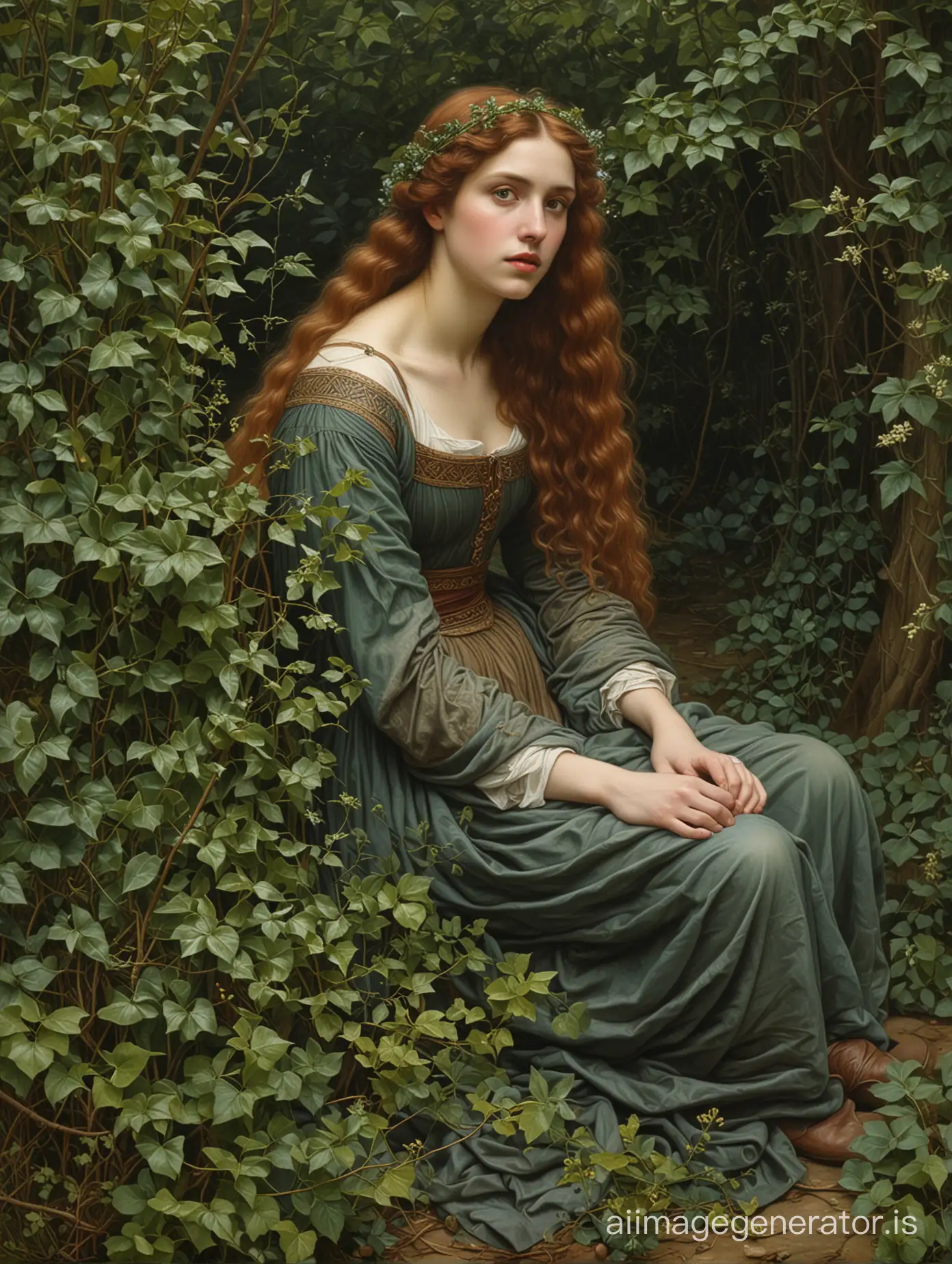 masterpiece, pre-raphaelity paintings, a young women sits in a thicket of ivy, full body 