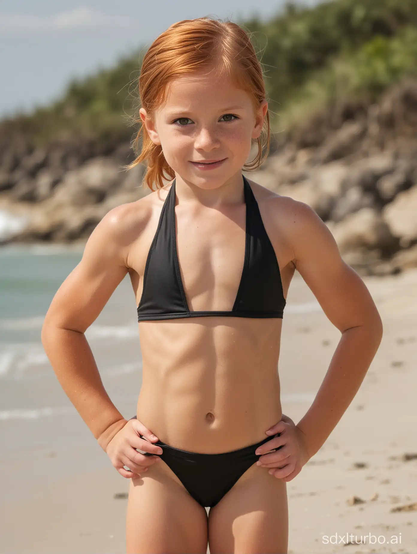 7 years old ginger hari girl, very muscular abs, string bathingsuit at the beach