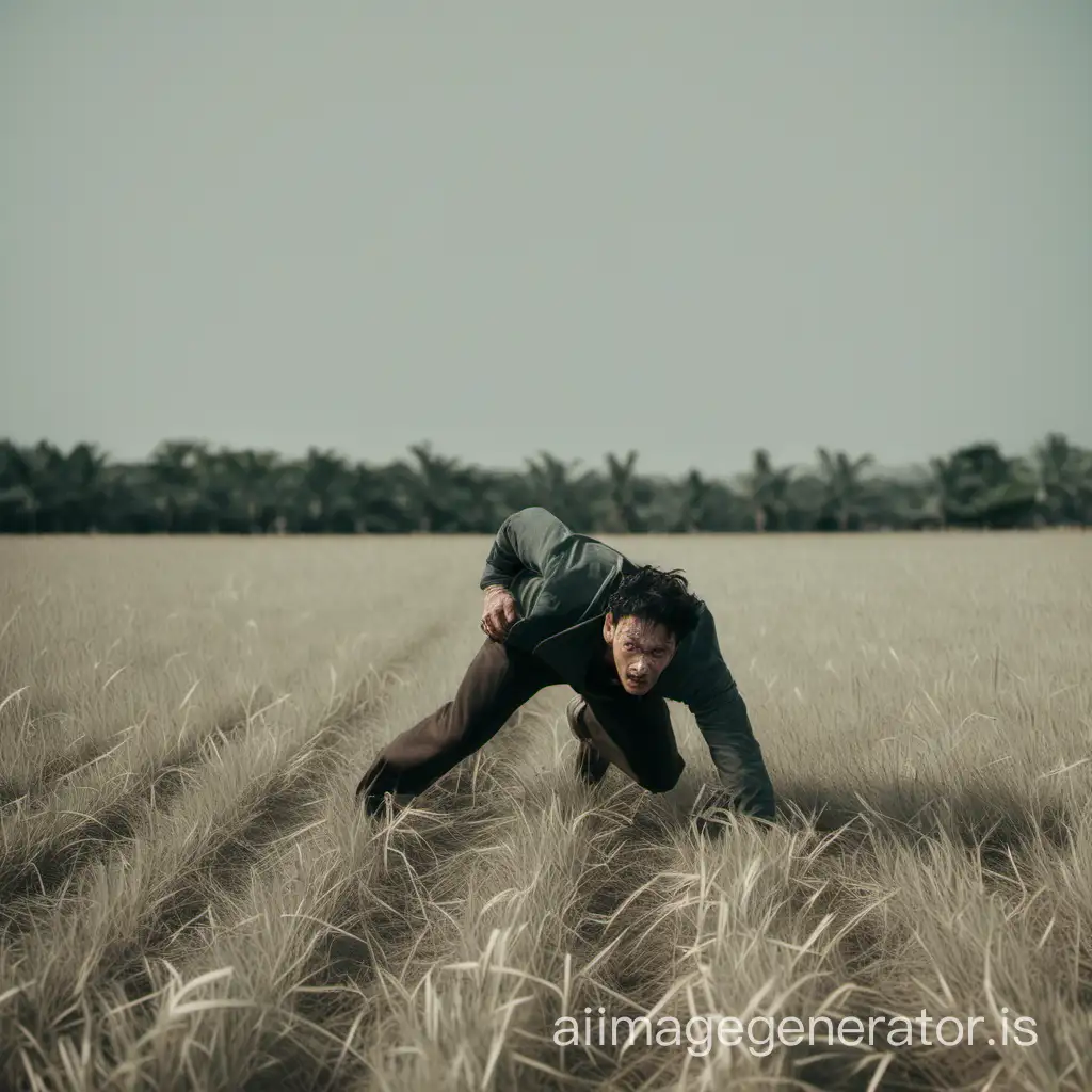 a man crawls across a field.