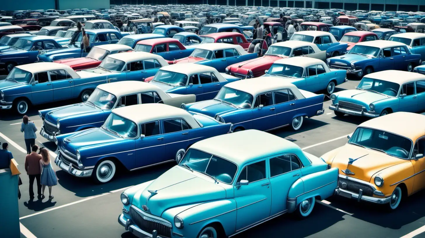 people sitting in a vintage car in blue tones and looking for parking in a large parking lot full of vintage vehicles. colorful