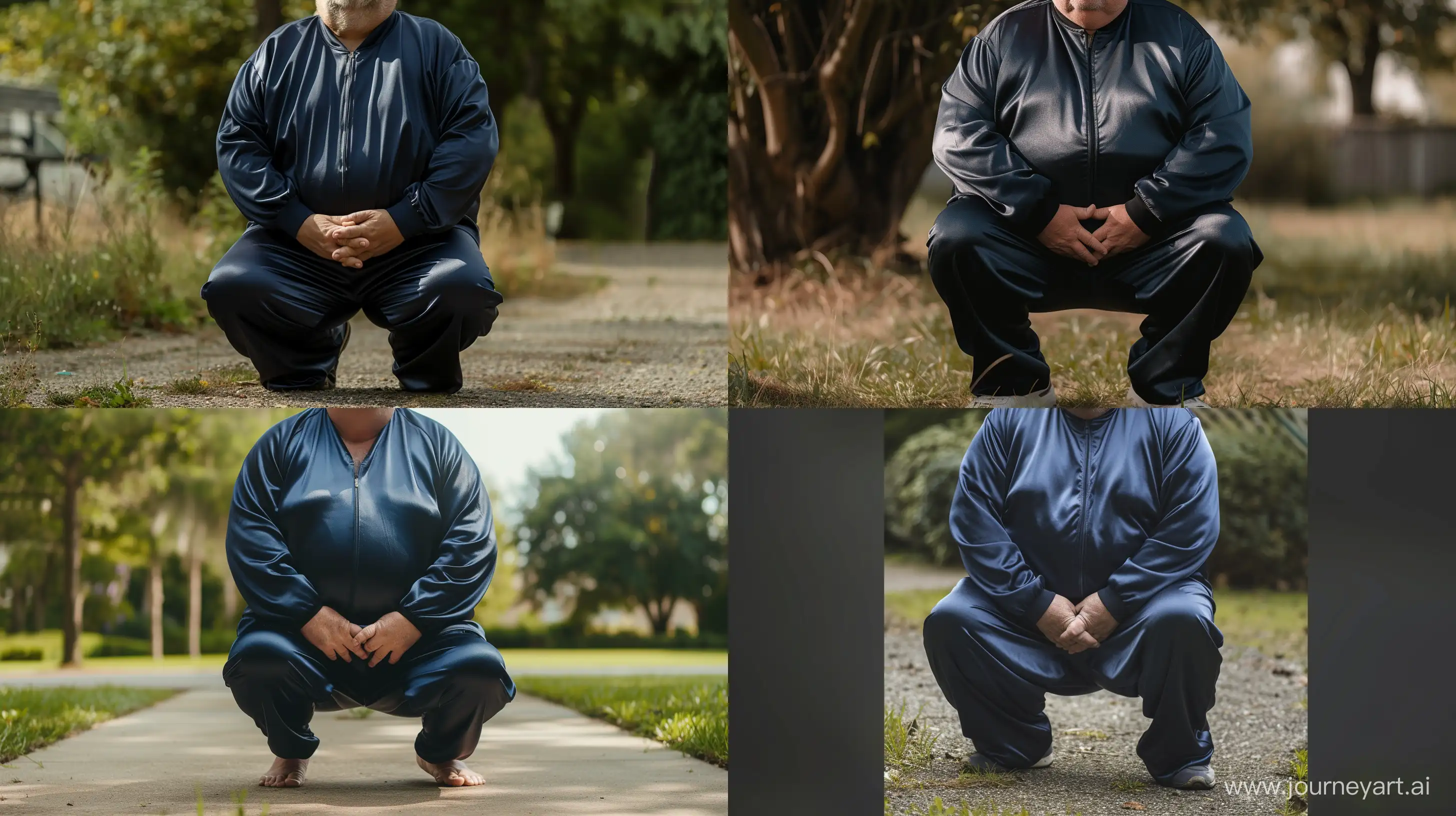 Photo centered on the waist of a fat man aged 60 wearing a silk navy tracksuit. Kneeling. Outside. --style raw --ar 16:9