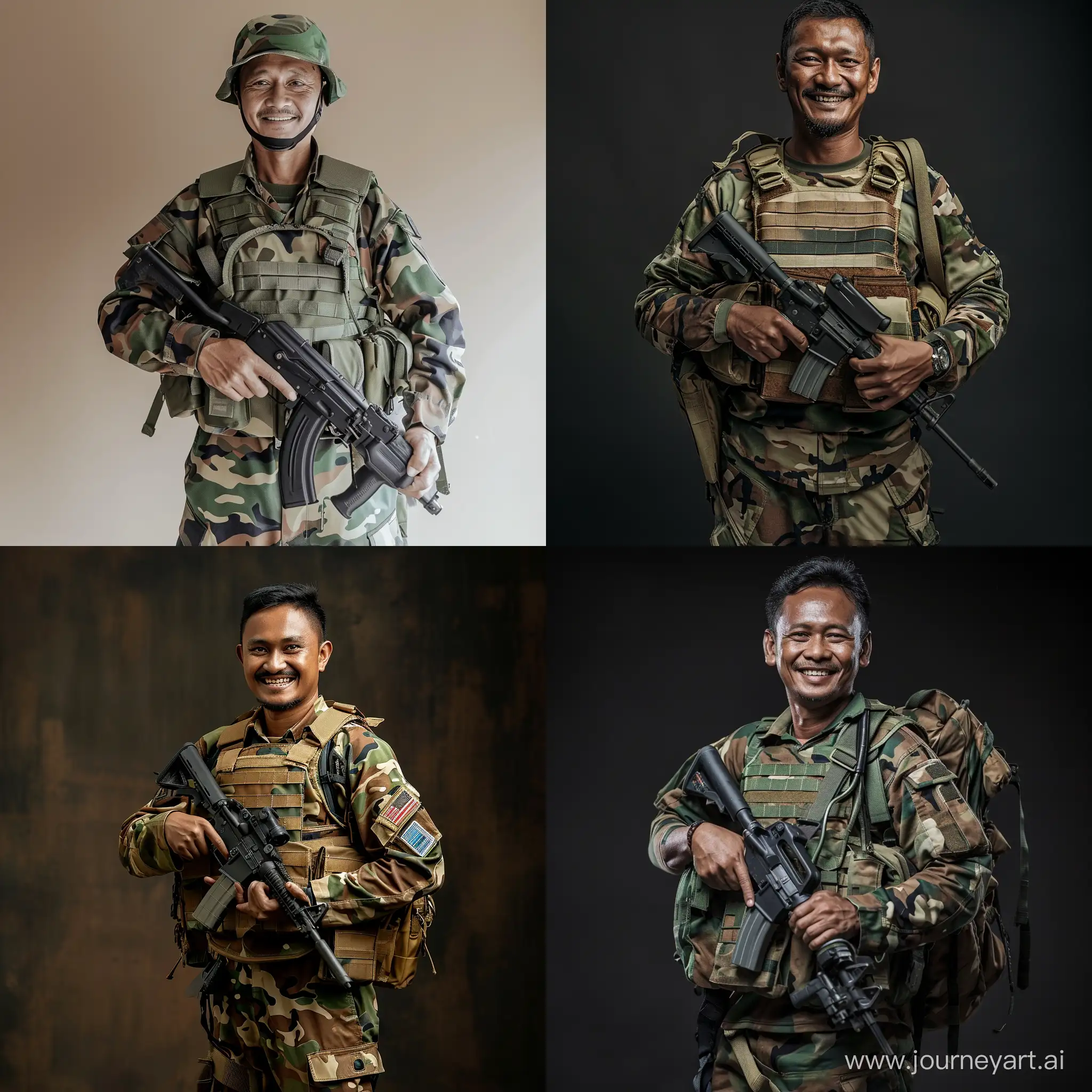 Realistic photo full body indonesian man using multicam combat suite with smiled face, hold MP5K
