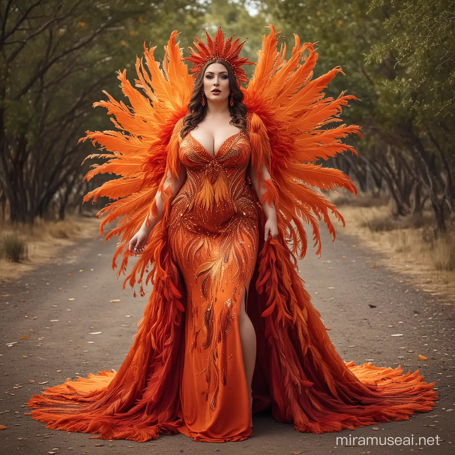 Phoenix bird, dress with long train, feather dress, fiery dress, red, orange, phoenix head piece, plus size woman,