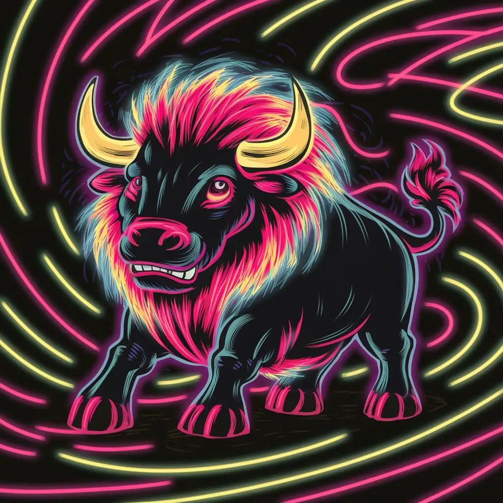 hand drawn cartoon of a bull crossed with a lion, the colours are neon and eye catching