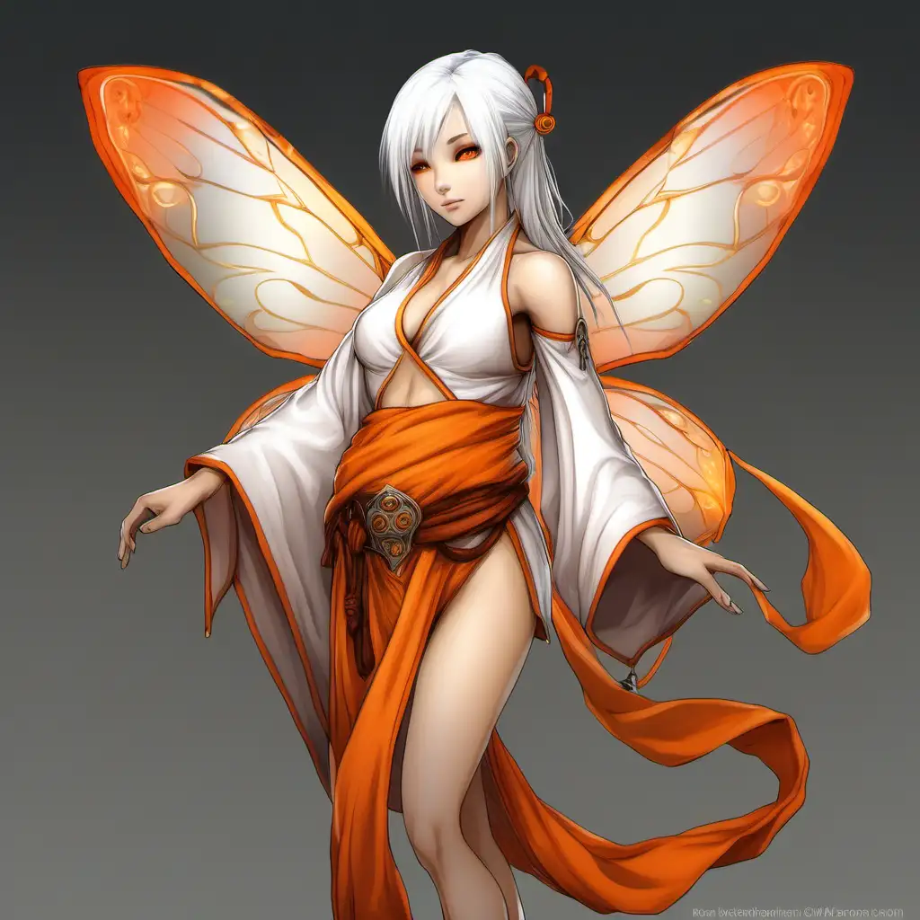White-haired very small female fairy monk with orange. skimpy robes
