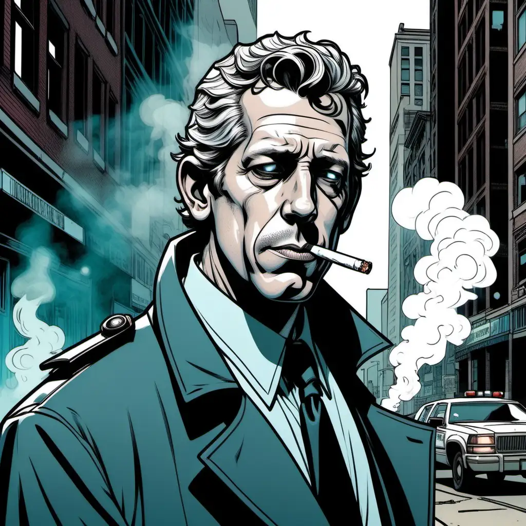 a dirty cops face like Ben Mendelsohn in a dark street of chicage smoking a cigaret. comics rendering like moebius style.