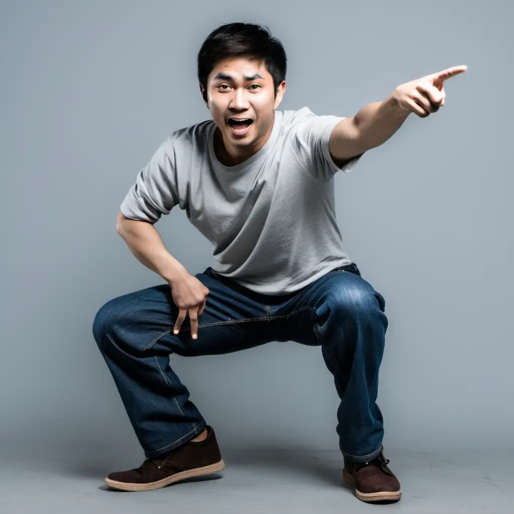 Asian Man Crouching and Pointing Full Body in Confident Gesture