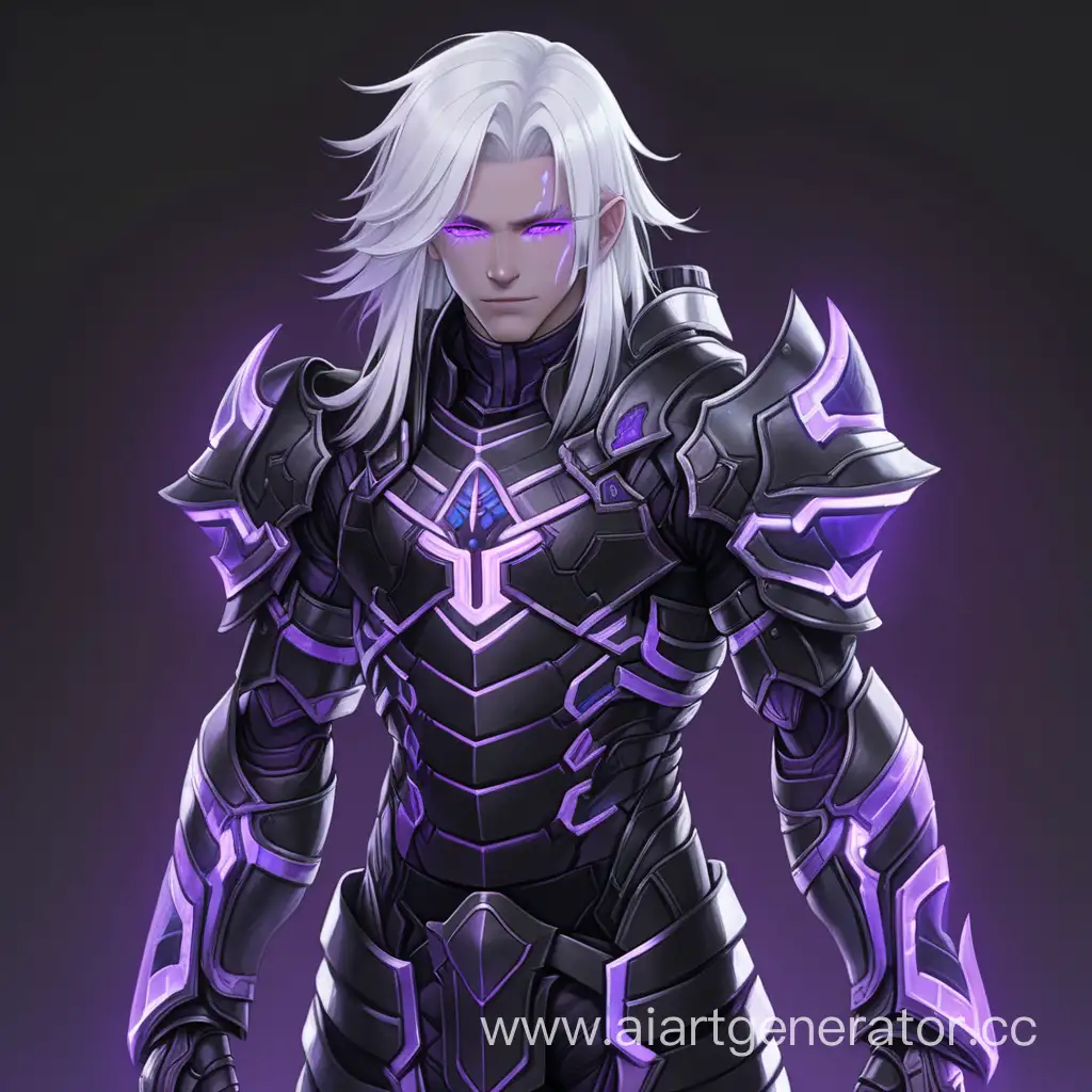 Male, human, white hair, purple eyes, glowing eyes, in black armor, armor have some purple neon lines, full body 