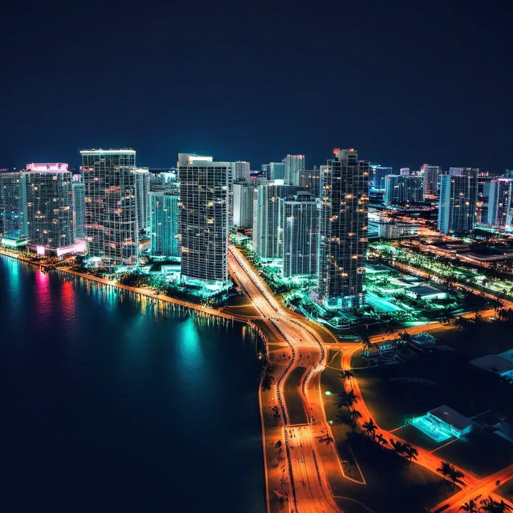 Vibrant Nighttime Miami with Neon Lights