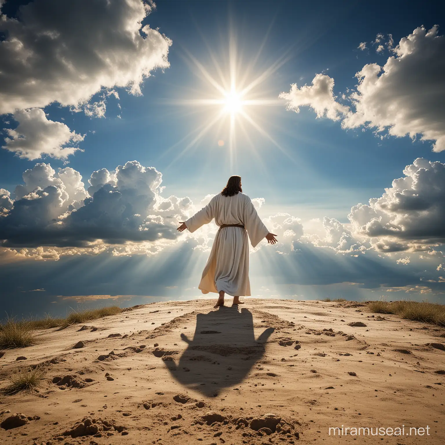 Jesus Christ is risen image taken far away and show the clouds and jesus is on the ground and sky is blue 