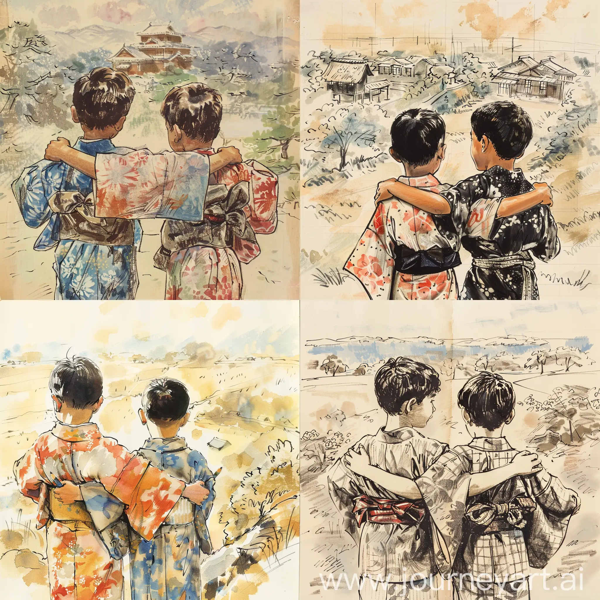 Two boys in kimonos Japanese children look back with their arms around each other's shoulders. Illustrated story Japan has a rich tradition of storytelling and whimsical illustrations. Create a collaborative story that incorporates elements of these artistic styles. A turbulent past and the tenacious spirit of the Japanese people. A patriotic Japan in a DVD still from the 1930 film directed by Shunso Hishida. preschool kids drawing, naive and unstrained touch of crayons scribbled, hand drawn, single lines scrawled blur of landscape Japanese countryside in the background.