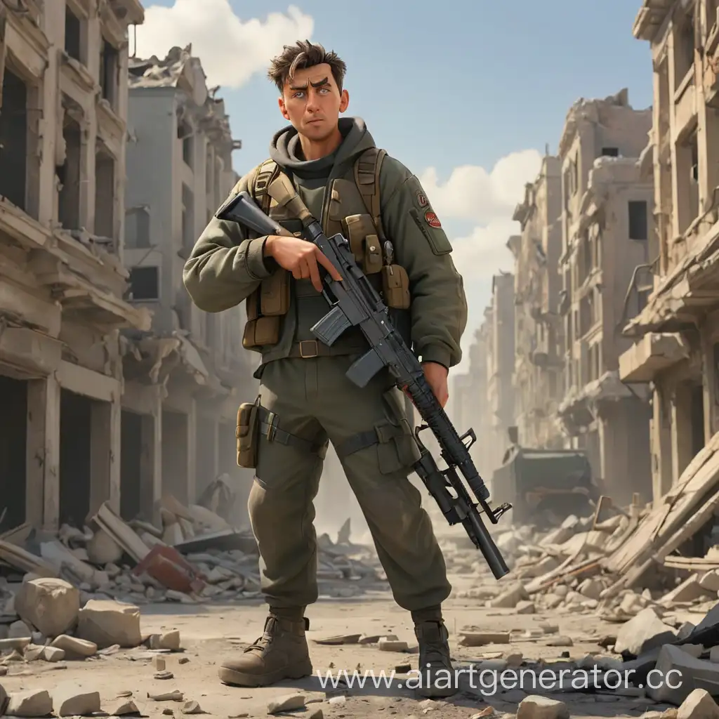 Мультяшный мужчина стоит с пулемётом в разрушенном городе 