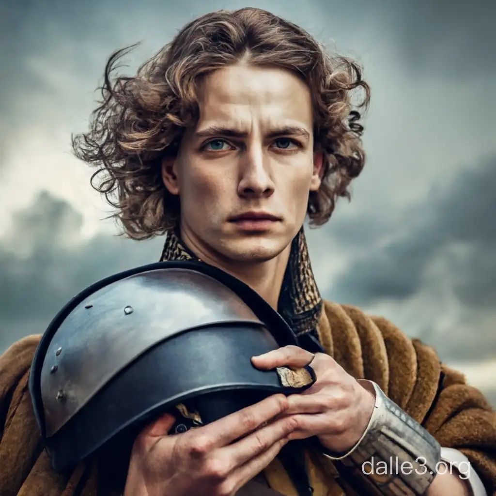 Portrait of Hamlet, a young man in medieval garb, in his hand he holds a helmet. His hair is disheveled, his face masculine, serious, intellectual. The background is clouds.