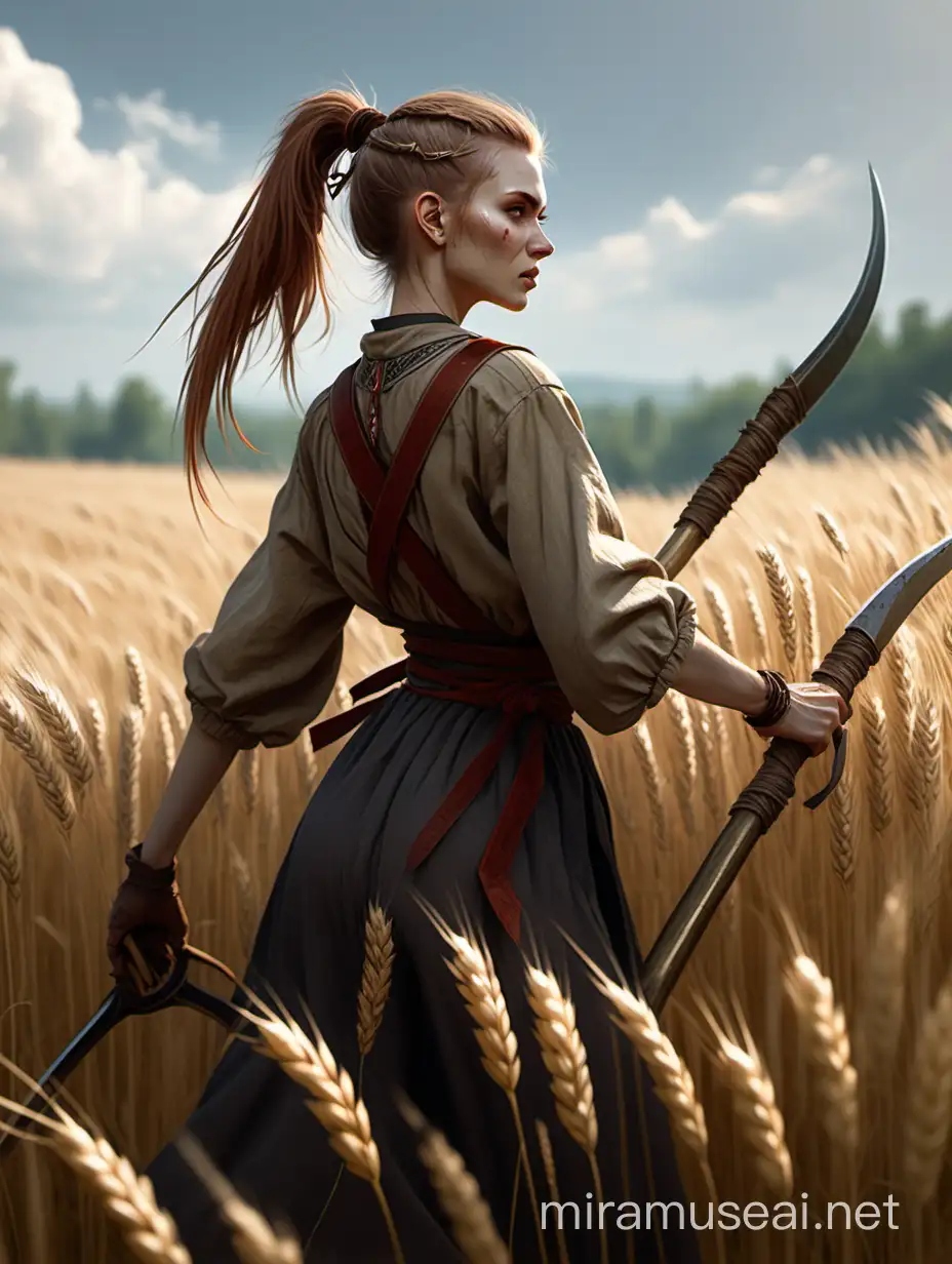 DnD character Slavic barley haired and ponytail female in field of barley with scythe 