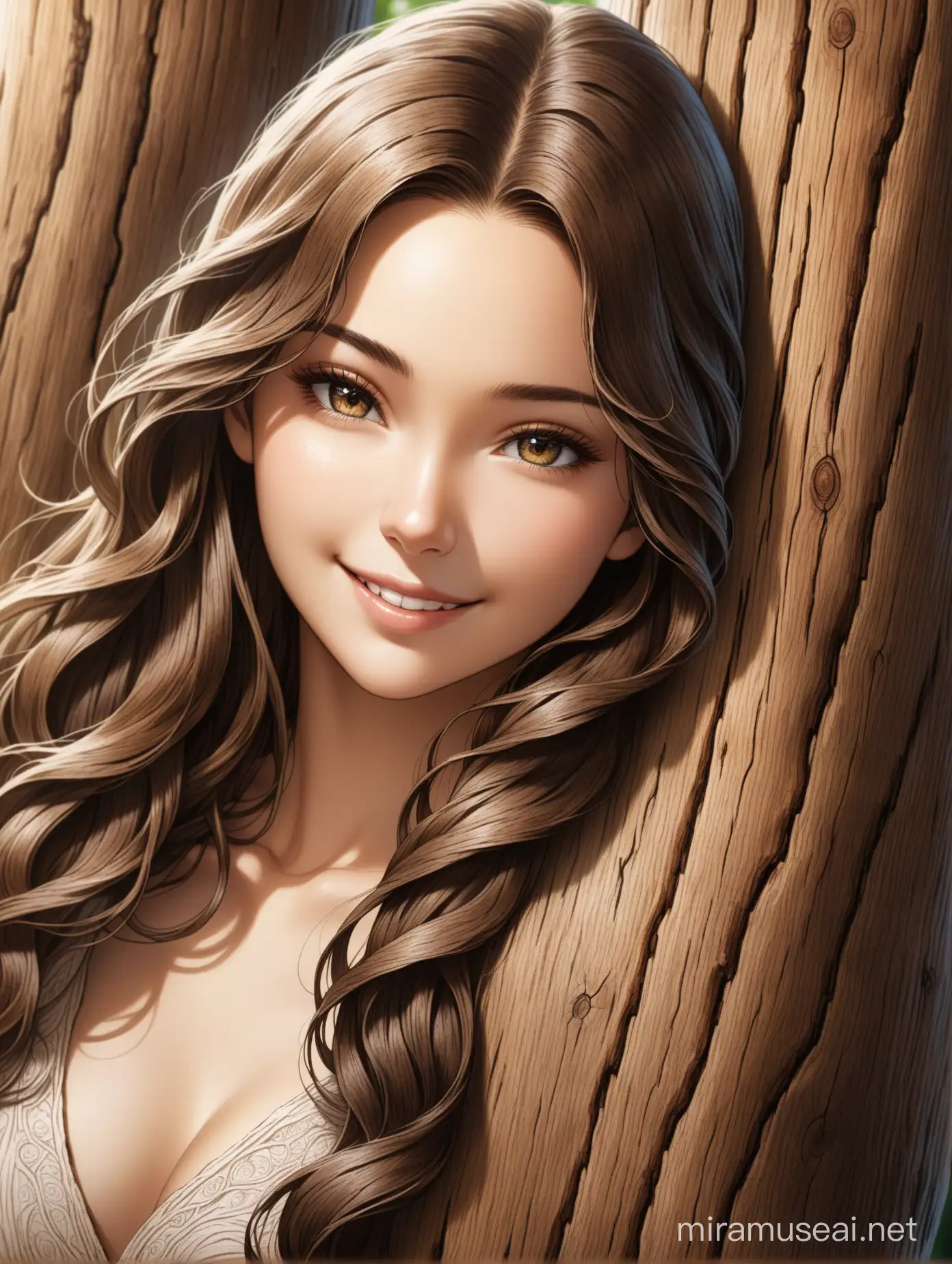 engraving on the veined wood of an old tree trunk, handmade, texture and relief,
the face of a beautiful and young woman, long and wavy hair, smiling,
great details, precise focus, details in the hair and on the face, harmony, seductive