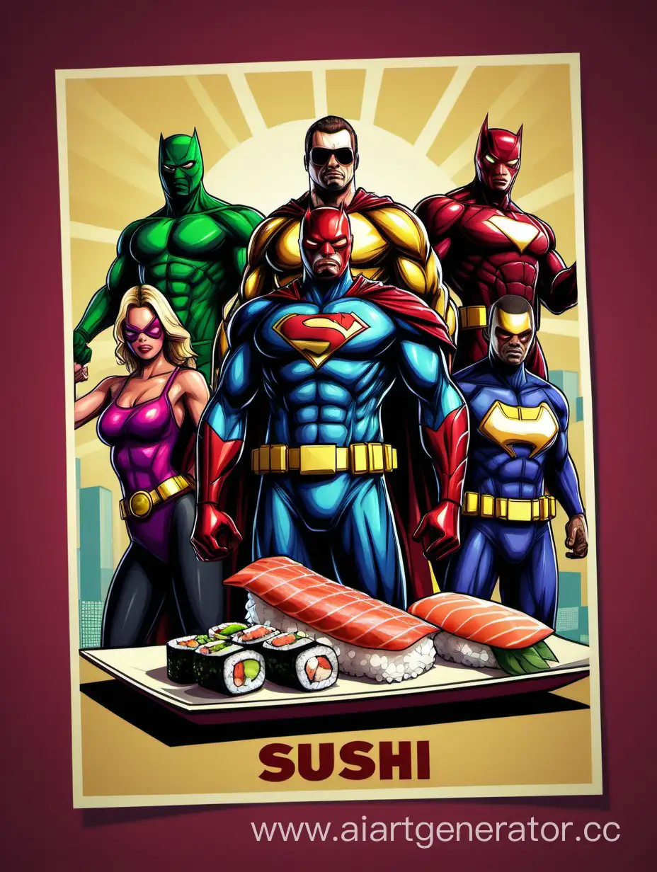 Dynamic-GTA-Superheroes-Posed-with-Vibrant-Sushi-Poster