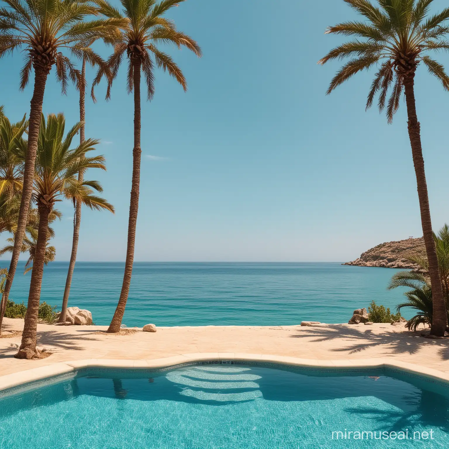 Summer Pool Party at a Spanish Resort with Palm Trees and Waves