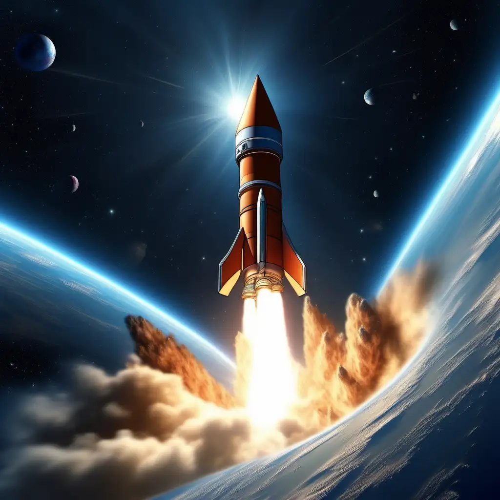 Description:
Illustrate a breathtaking scene of a rocket ascending into the vastness of space. Capture the dynamic energy and power as the rocket propels itself upward