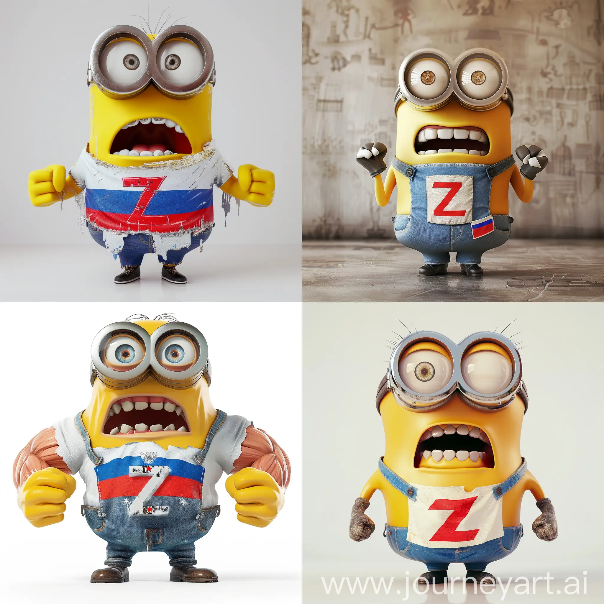 An incredibly pumped-up muscle minion in a T-shirt with a Russian flag and a big letter Z on it is furious