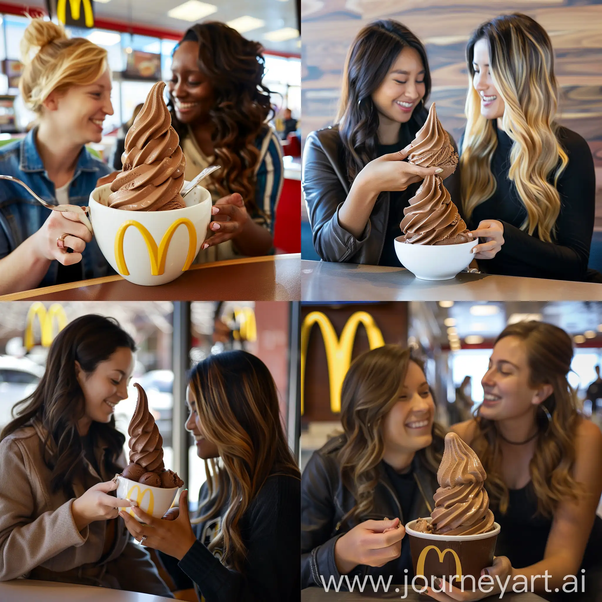 Two women sitting at McDonald's sharing a bowl of chocolate soft-serve ice cream