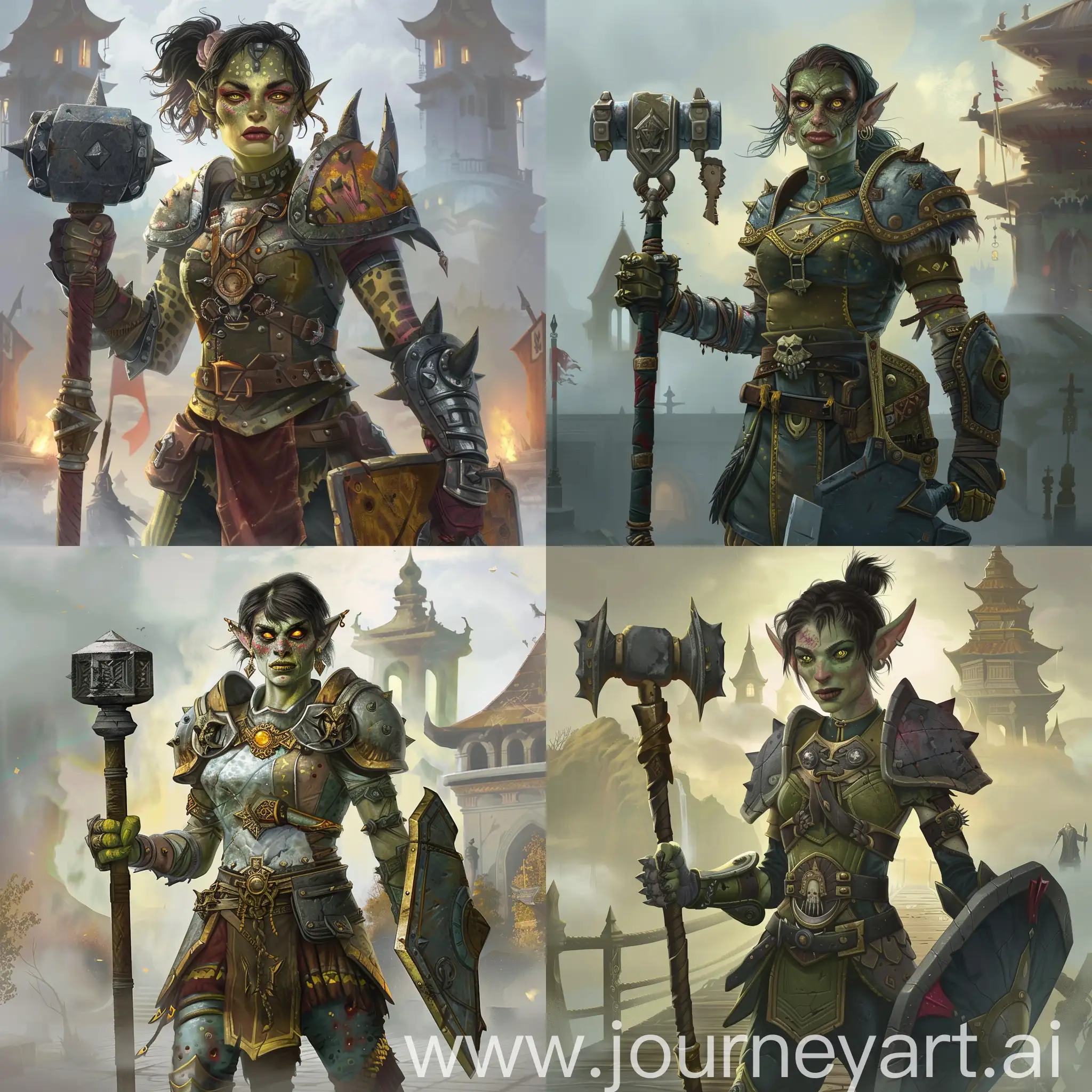 Strong-Female-HalfOrc-Paladin-with-Mace-and-Shield-at-Temple-in-Fog