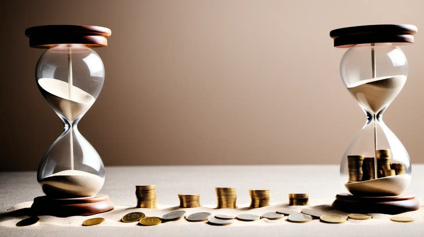 Time and Wealth Sand Clocks with Coins on a Table