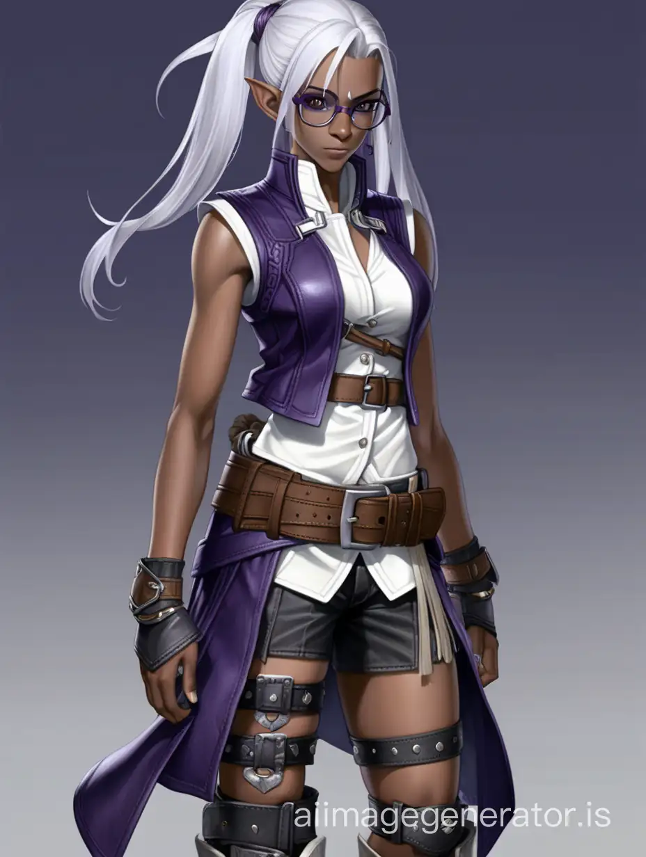 Fantasy RPG Character, Full-body character portrait, (dark elf), pointed ears, ((dark purple skin)), bare legs, messy white hair, short hair braids in front, medium size chest, intricate clothes, thick leather belt with lots of pouches, round glasses, dark gray pleated short skirt, knee high boots with covered toes, sleeveless dark leather vest-coat with long tails, dark leather bracers, white color kung fu style shirt with mandarin collar, anime