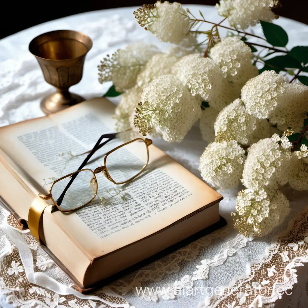 белая книга на кружевной белой скатерти. лежит ветка белой спиреи, слева от книги лежат старые очки, угол зеркала в старинной золотой раме, тонкая золотистая ленточка на столе
