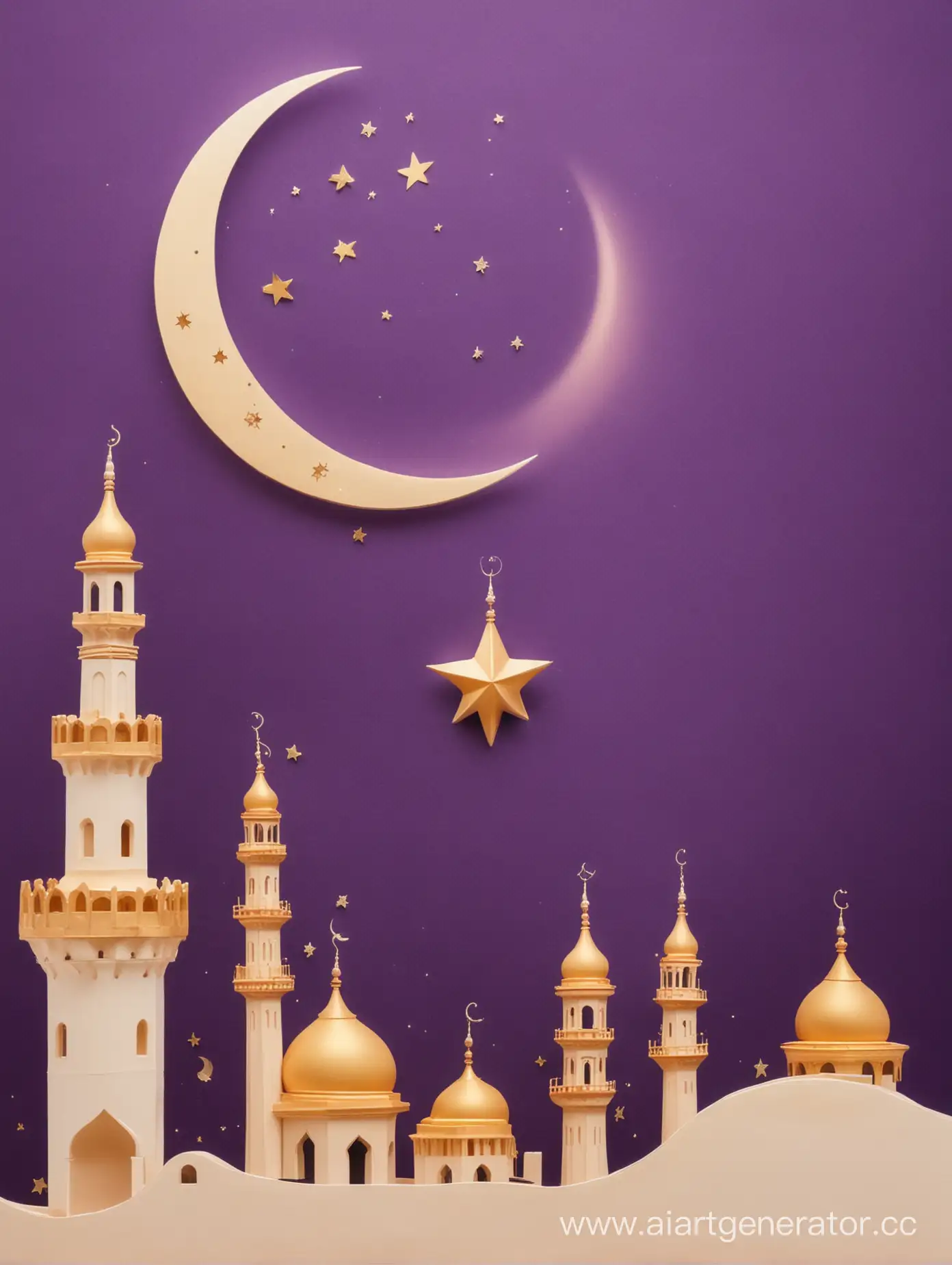golden, orange and dark purple Ramadan scene with a crescent moon, minaret, mehrab, and star, white background