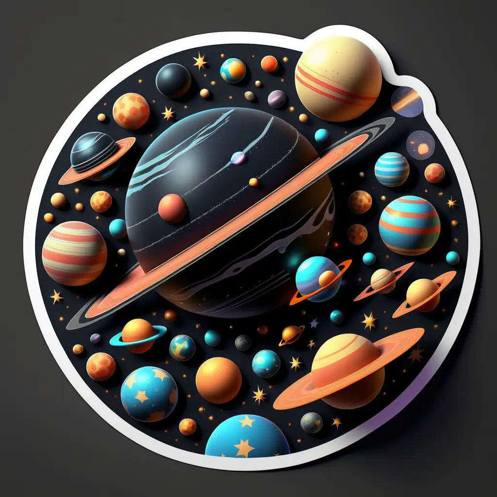 A fascinating 3D universe design, sticker style, black background, ultra detailed