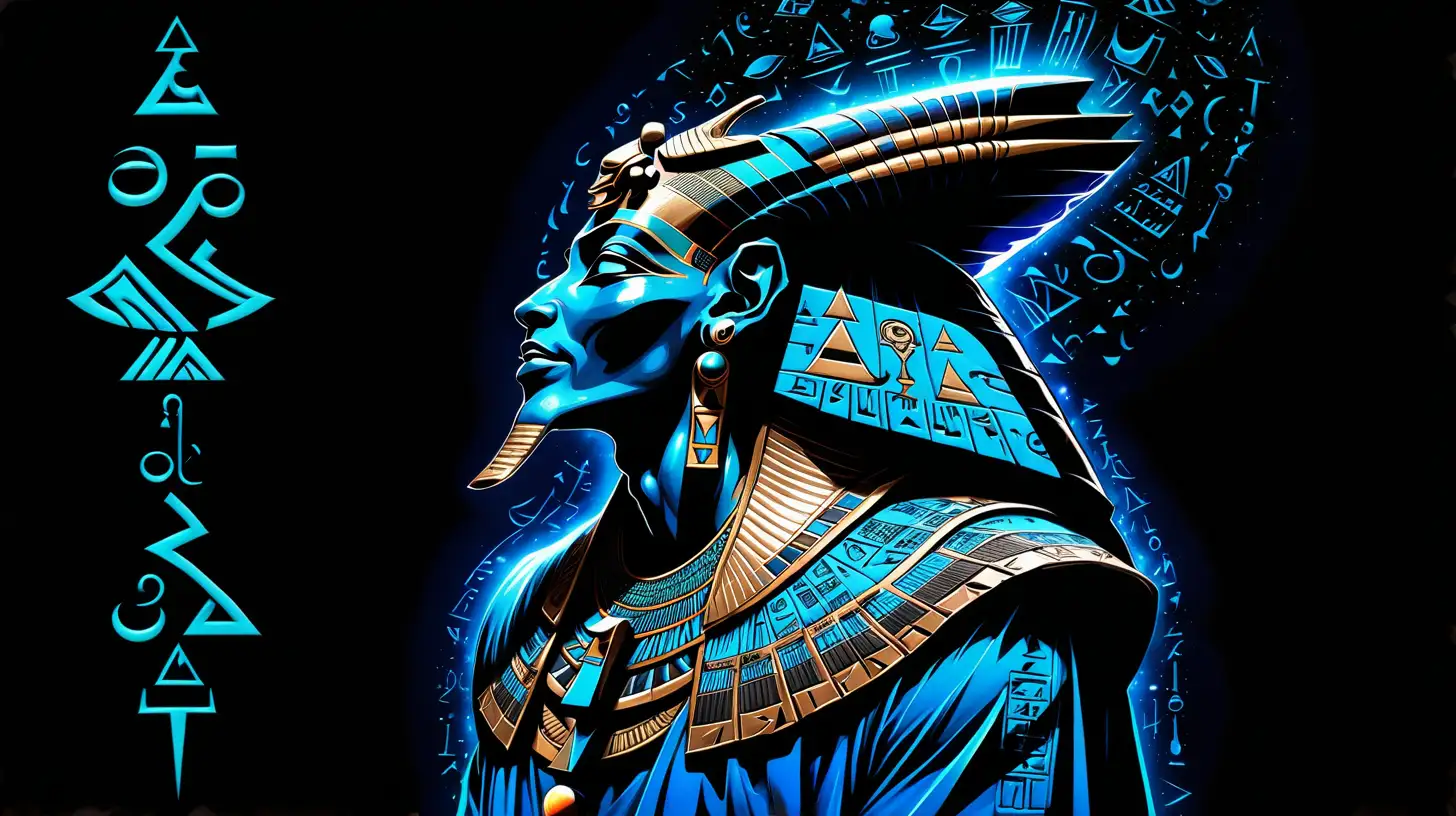 Dark outer space Background, profile view, ET Egyptian Male God, Osiris, wearing a long, blue duster coat with illuminated hieroglyphics all over it, and wearing a tall, blue, inverted conical headress, also with illuminated hieroglyphs