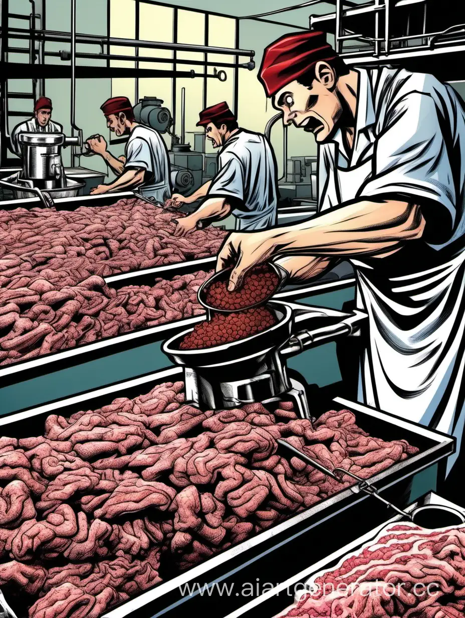Мясорубка ,выдающая фарш по контейнерам на заводе ,нарисованная стиле комикса