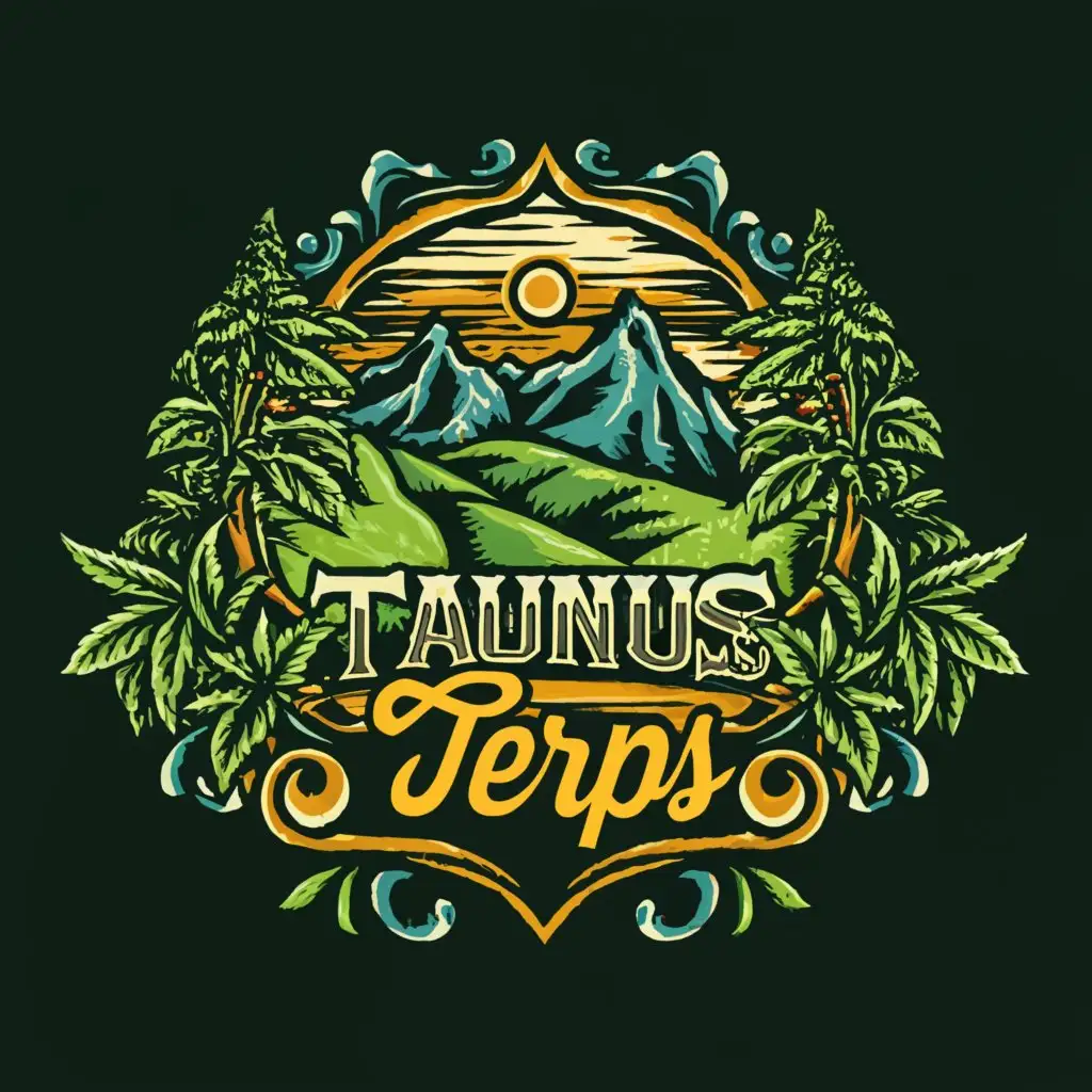 a logo design, with the text 'Taunus Terps', main symbol: some hills with a  pine forest and more cannabis leaves and a blue sky with some white clouds, complex, clear background