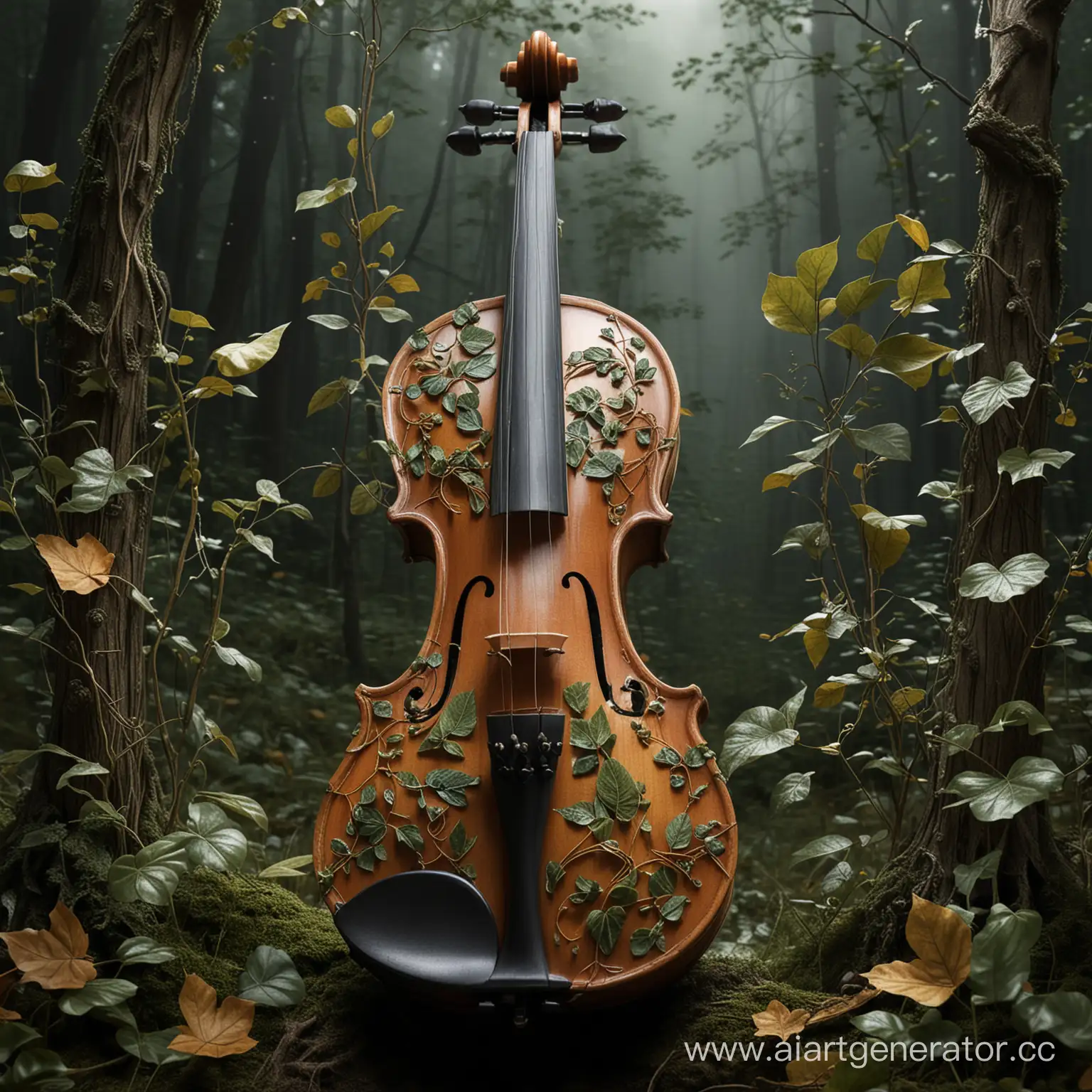 Скрипка украшена листьями и лианами. Скрипка для лешего
