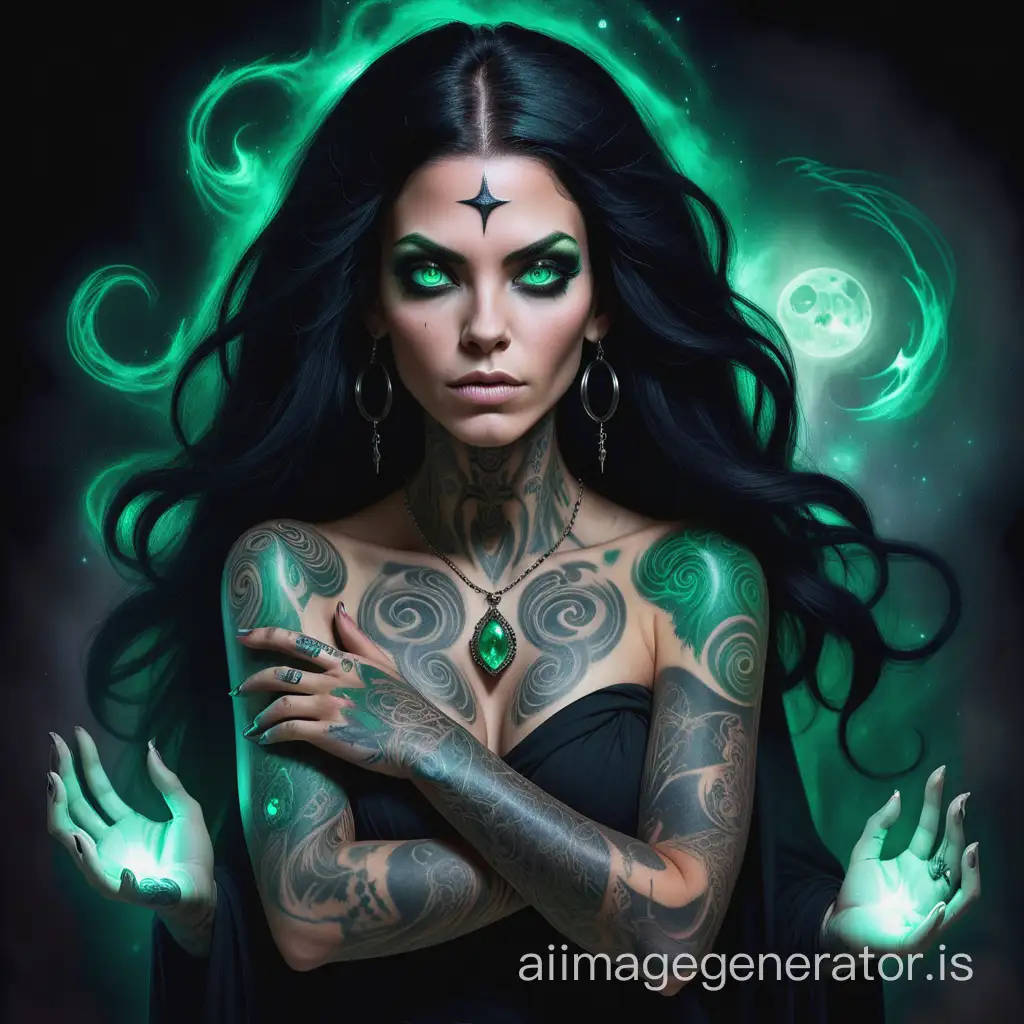 Conjure up an image of an incredibly powerful witch from the mysterious town of Fort Salem, whose presence radiates an otherworldly energy that commands attention. A portrait captures her in a moment of magical enchantment, with flowing ebony hair and piercing emerald eyes that seem to hold secrets of the universe. The image skillfully depicts the intricate tattoos covering her arms, glowing with an ethereal light. The image is a mesmerizing mixture of mysticism and power,
