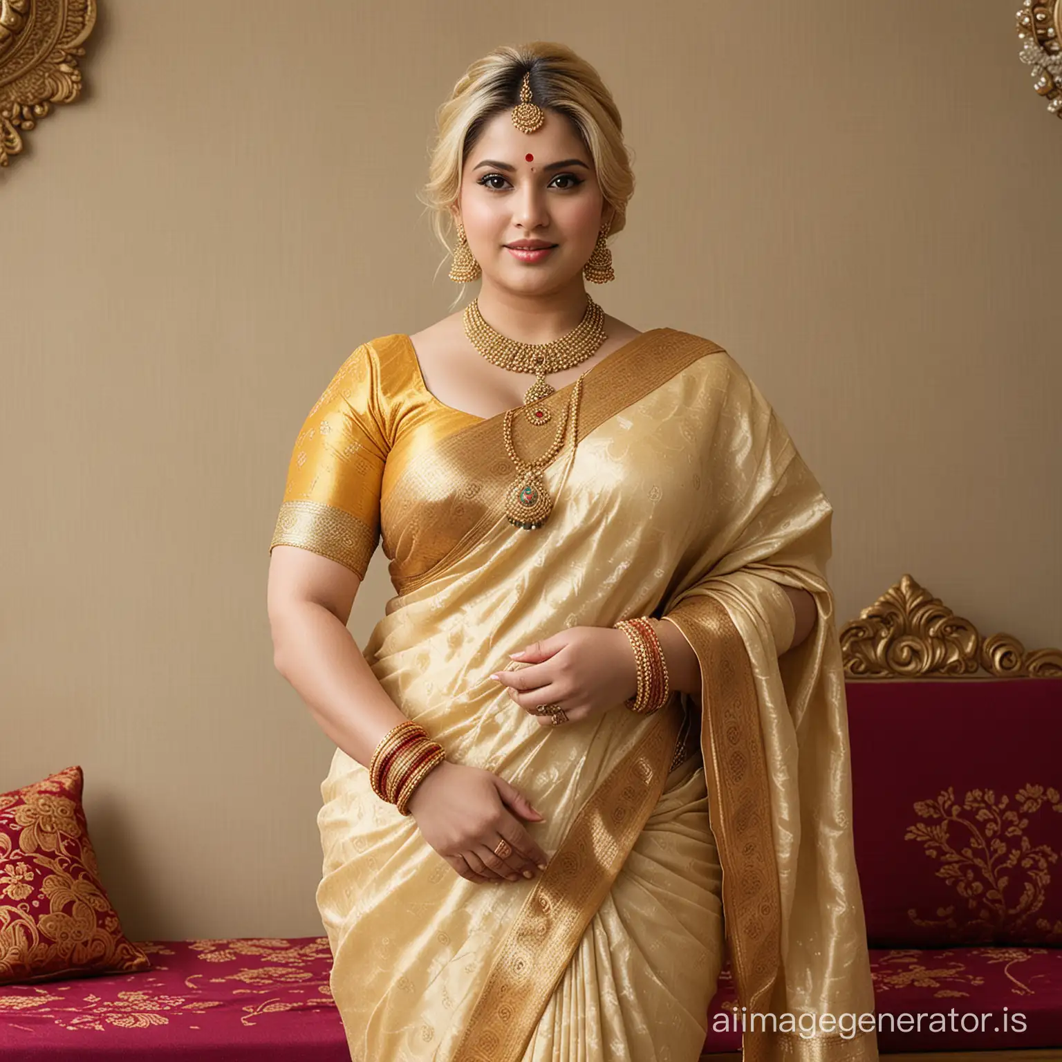 Generate full body image of a 26 year old very busty fatty breast, big fatty thighs, big fatty hand arm, big fatty ass and curvy completely American origin mature fatty chubby obese very fair white skin girl blonde hair wearing traditional style banarasi saree and wearing bangles in hand and wearing gold necklace with gold jewelry in india wedding program