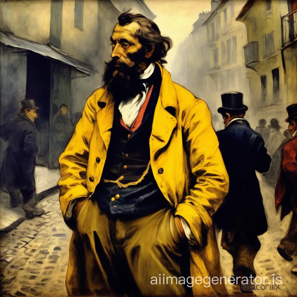 I would like a painting of a man from the 19th century. In Montmartre. He has a jacket but he is poor. He has a long beard and a yellow jacket. Painting Style Delacroix