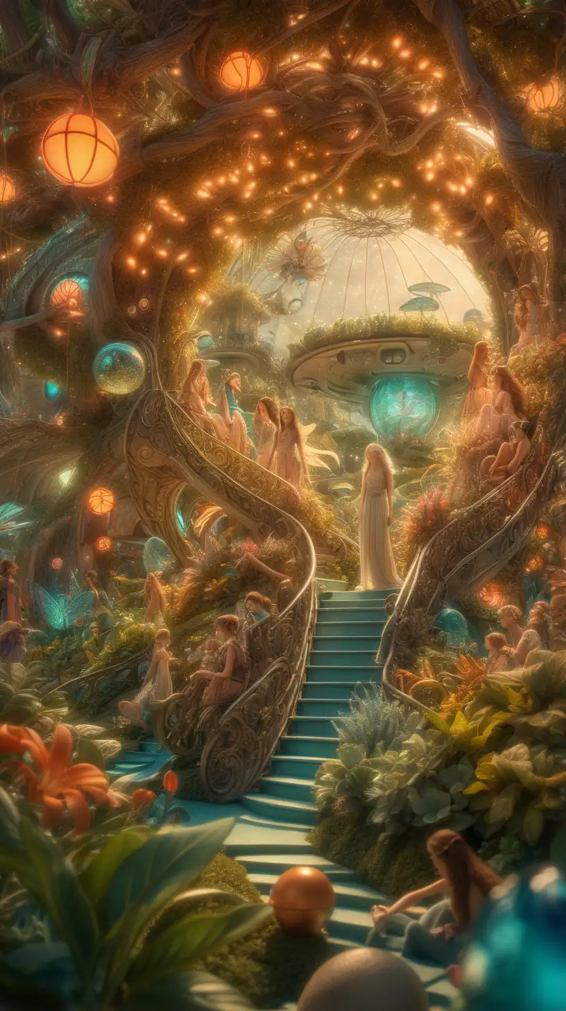Enchanted Garden Eden on Alien Ship Fairies Aliens and Sirens Amid Intricate WarmToned Botanicals