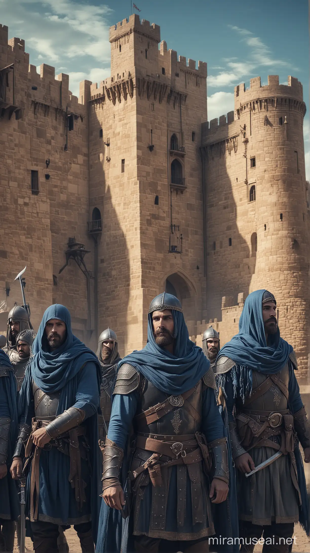 Warriors clad in blue medieval battle attire, standing in the front of castle in desert area medium beard and mustache, covering their head by scarf, realistic V6, fine detailed feature, atmospheric mood, dramatic lighting