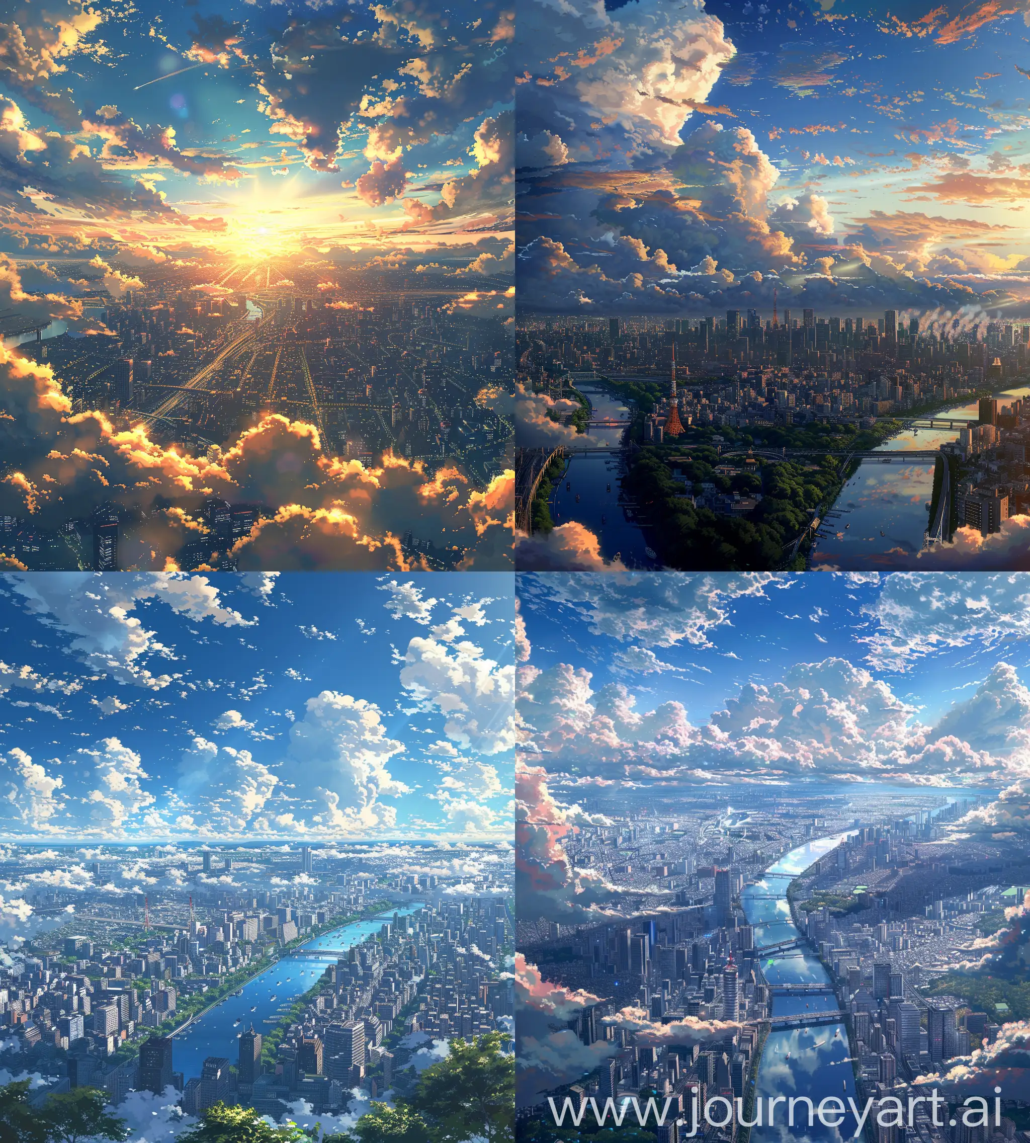 beautiful anime scenery,makato shinkai style,aerial view of tokyo,beautiful summers,beautiful sky and clouds,no hyper realistic, --ar 27:30 