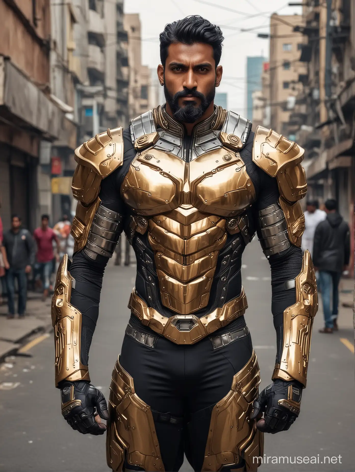 Tall and handsome bodybuilder Indian men with beautiful hairstyle and beard with attractive eyes and Broad shoulder and chest in sci-fi High Tech golden, sliver and black armour suit with firearms standing on street 