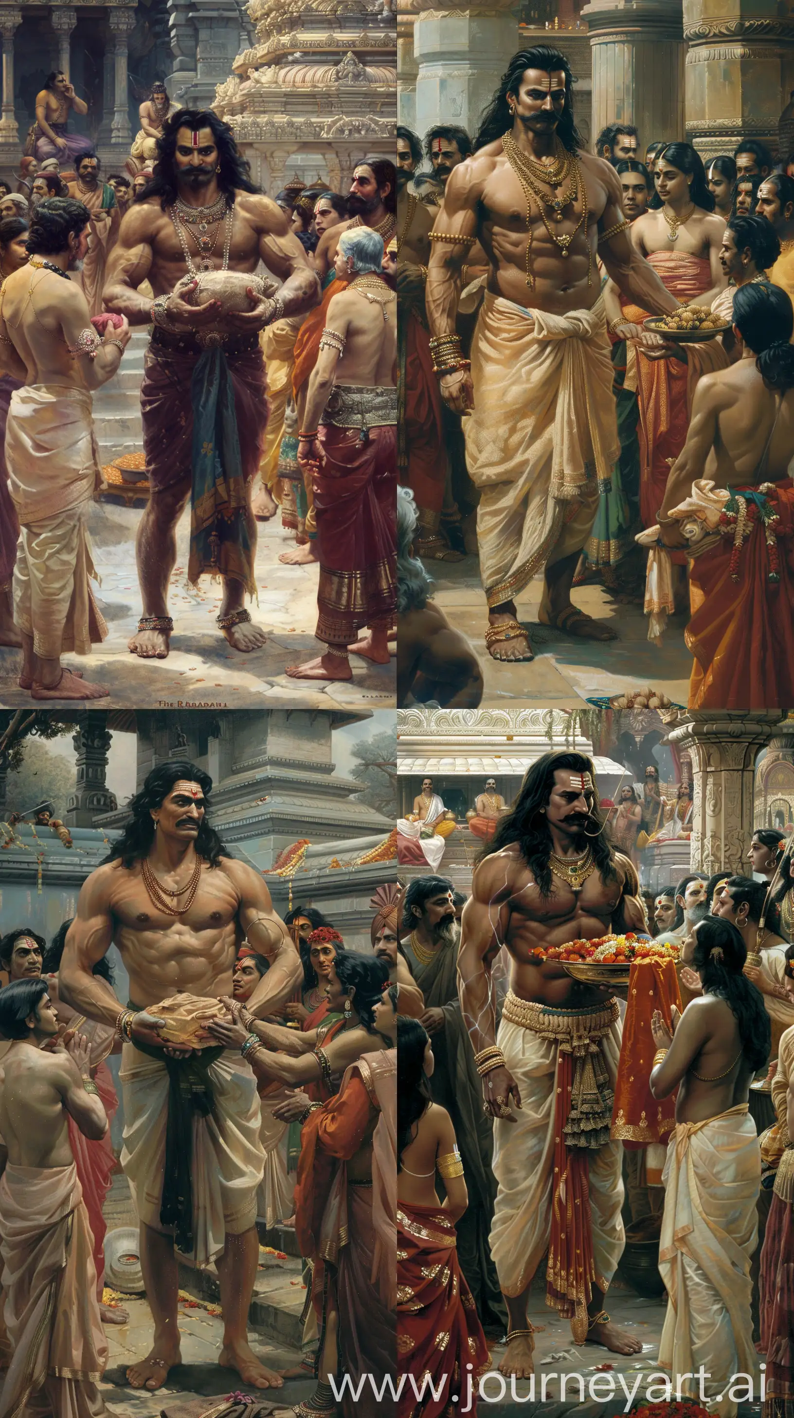 Raj Ravi Varma art style depicting The Daitya king Bali donating alms to Brahmans, he's a muscular Indian man in his forties, with a long black hair and a moustache, he's donating clothes or food or anything of that sort to the people that are standing in front of him, intricate details, 8k quality image --ar 9:16 --v 6